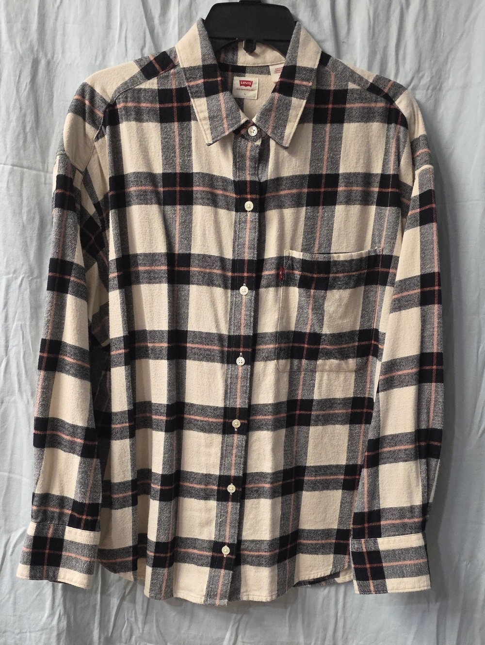 Levi’s Henri Flannel Shirt – Cream Black Plaid with Pink Stripes – Size L
Class